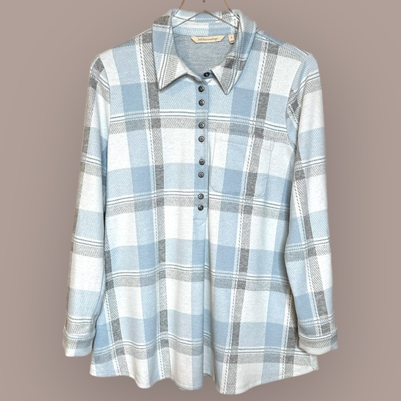 Soft Surroundings Mad About Plaid Cozy Soft Top Roll Up Sleeves Blue Small Tunic - Picture 3 of 13